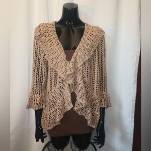 Denim 24/7 Crochet Doily Cardigan Medium Beige Ruffle Open Knit Forest Fairy